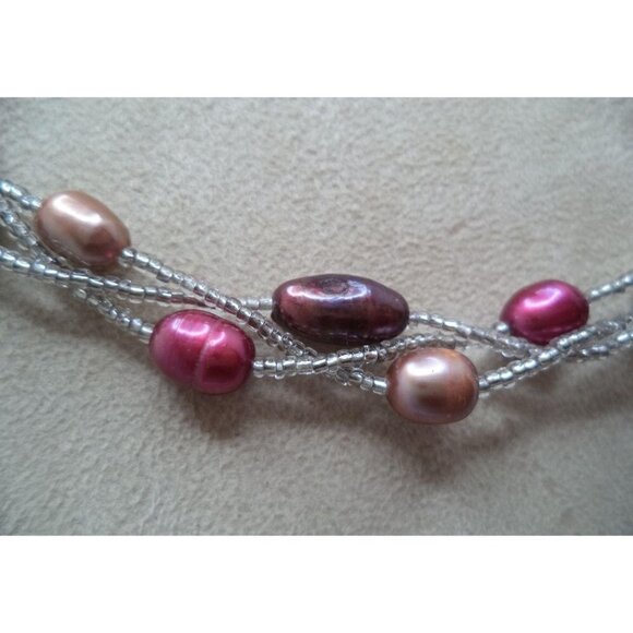 Soft Pink and Purple Beaded Triple Strand Necklace w/ Silver Magnetic Clasp 18" - Picture 3 of 5